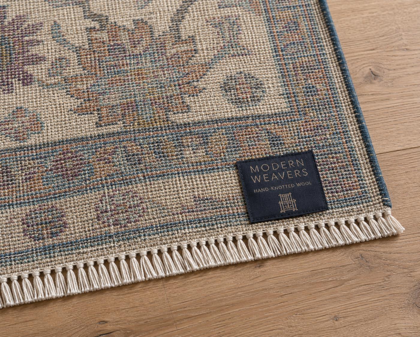 Exquisite Hand-Knotted Wool Area Rug | Cream, Blue & Rust Floral Lattice | Traditional "Modern Weavers" Carpet