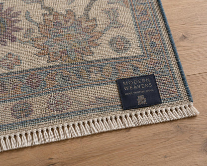 Exquisite Hand-Knotted Wool Area Rug | Cream, Blue & Rust Floral Lattice | Traditional "Modern Weavers" Carpet