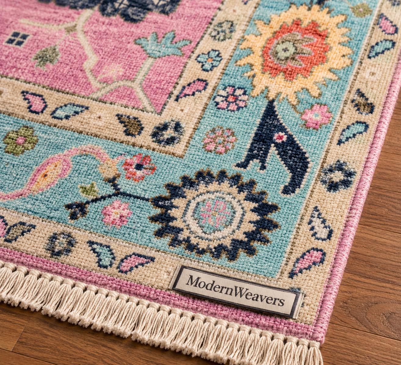 Pink Oushak Rug with Teal Border | ModernWeavers Hand-Knotted Wool Area Rug | Turkish Floral Medallion Carpet for Living Room or Nursery