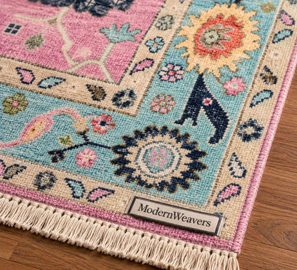 Pink Oushak Rug with Teal Border | ModernWeavers Hand-Knotted Wool Area Rug | Turkish Floral Medallion Carpet for Living Room or Nursery