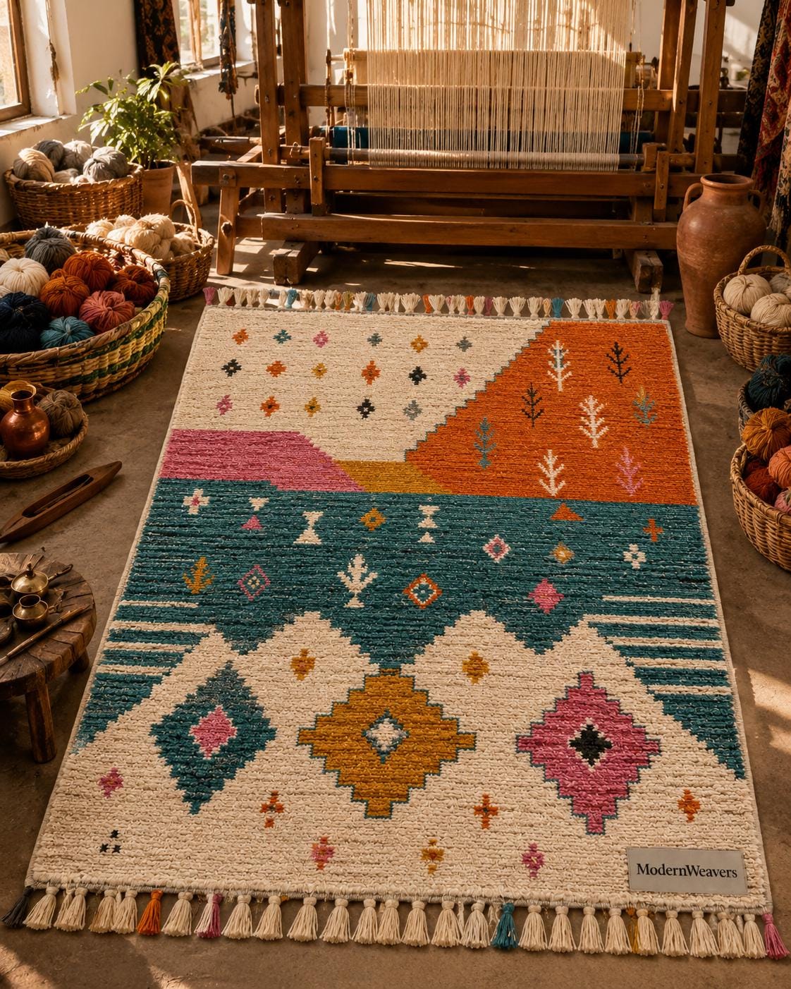 Abstract Landscape Moroccan Rug | Hand-Knotted Wool Area Rug, Boho Geometric Tapestry