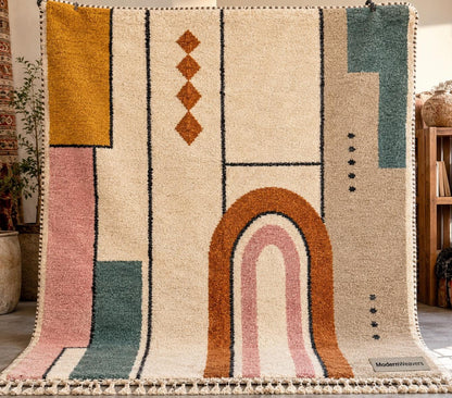 Geometric Moroccan Wool Rug | Bauhaus Arch Design, Pink Mustard Teal