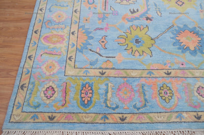 Hand-Knotted Oushak Wool Rug – 9x12 Sky Blue Floral Carpet, Indian Artisan Weave