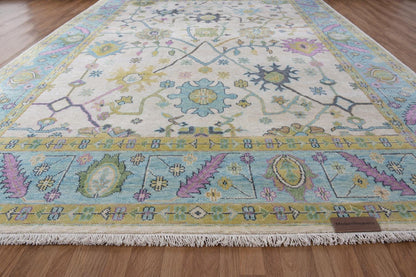 Hand-Knotted Oushak Rug | Pastel Floral Wool Area Rug | Cream, Light Blue, and Pink Transitional Rug | Large Living Room Rug