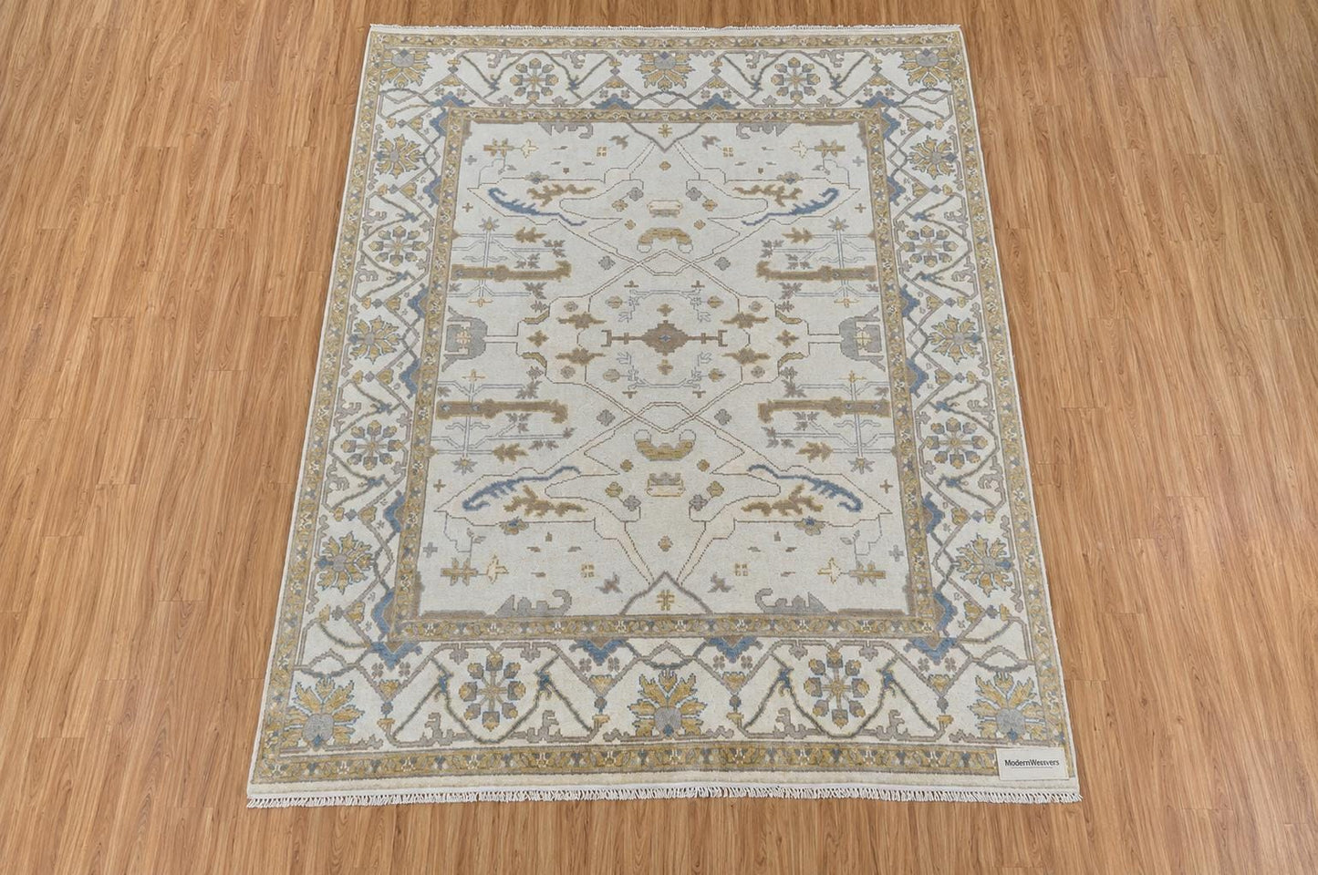 Hand Knotted Oushak Style Area Rug | Cream, Soft Blue, and Muted Gold Geometric Rug | Neutral Modern Farmhouse Wool Rug