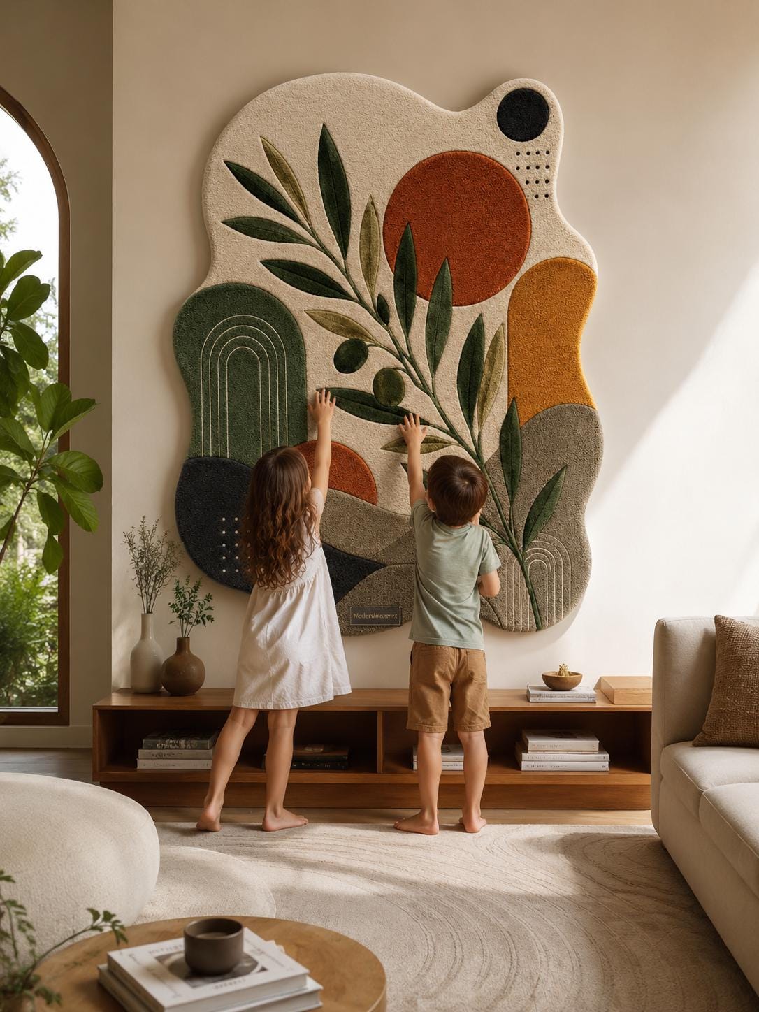 Abstract Olive Branch Hand Tufted Rug | Mid Century Modern Botanical Area Rug | Terracotta & Green Boho Room Decor | Irregular Shaped Carpet