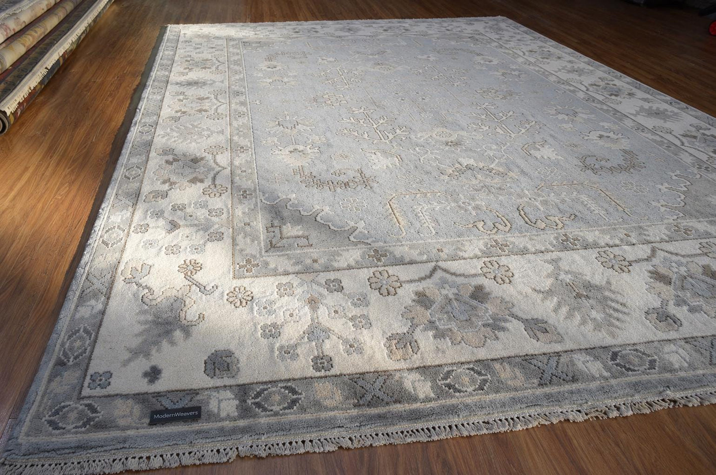 Hand Knotted Oushak Rug | Light Blue Ivory Wool Carpet 9x12