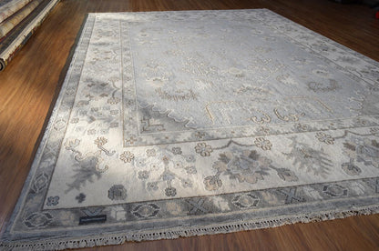 Hand Knotted Oushak Rug | Light Blue Ivory Wool Carpet 9x12