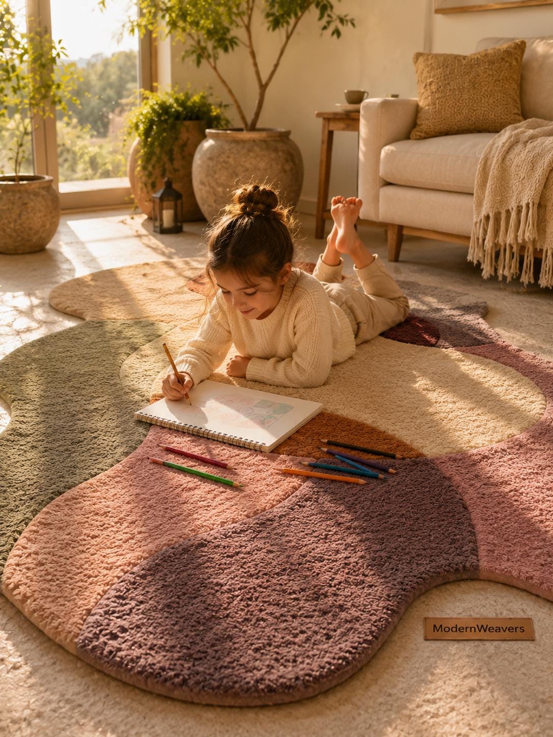 Abstract Organic Shape Tufted Rug | Wavy Edge Boho Carpet, Muted Earth Tones