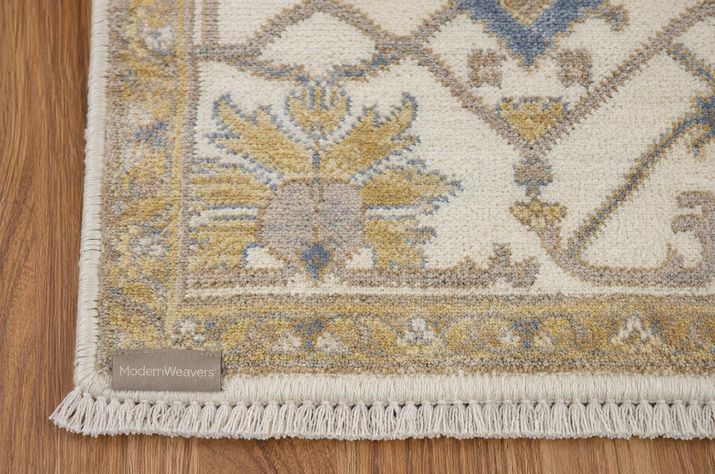 Hand Knotted Oushak Style Area Rug | Cream, Soft Blue, and Muted Gold Geometric Rug | Neutral Modern Farmhouse Wool Rug