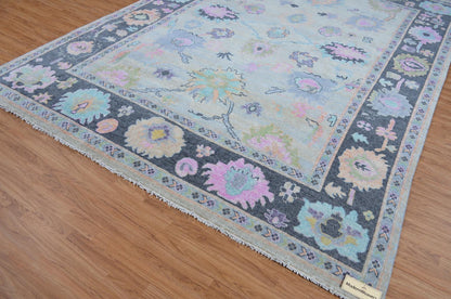 Hand-Knotted Pastel Floral Area Rug | Transitional Oushak Style Carpet | Ivory, Slate Grey, Pink & Blue Wool Rug for Living Room