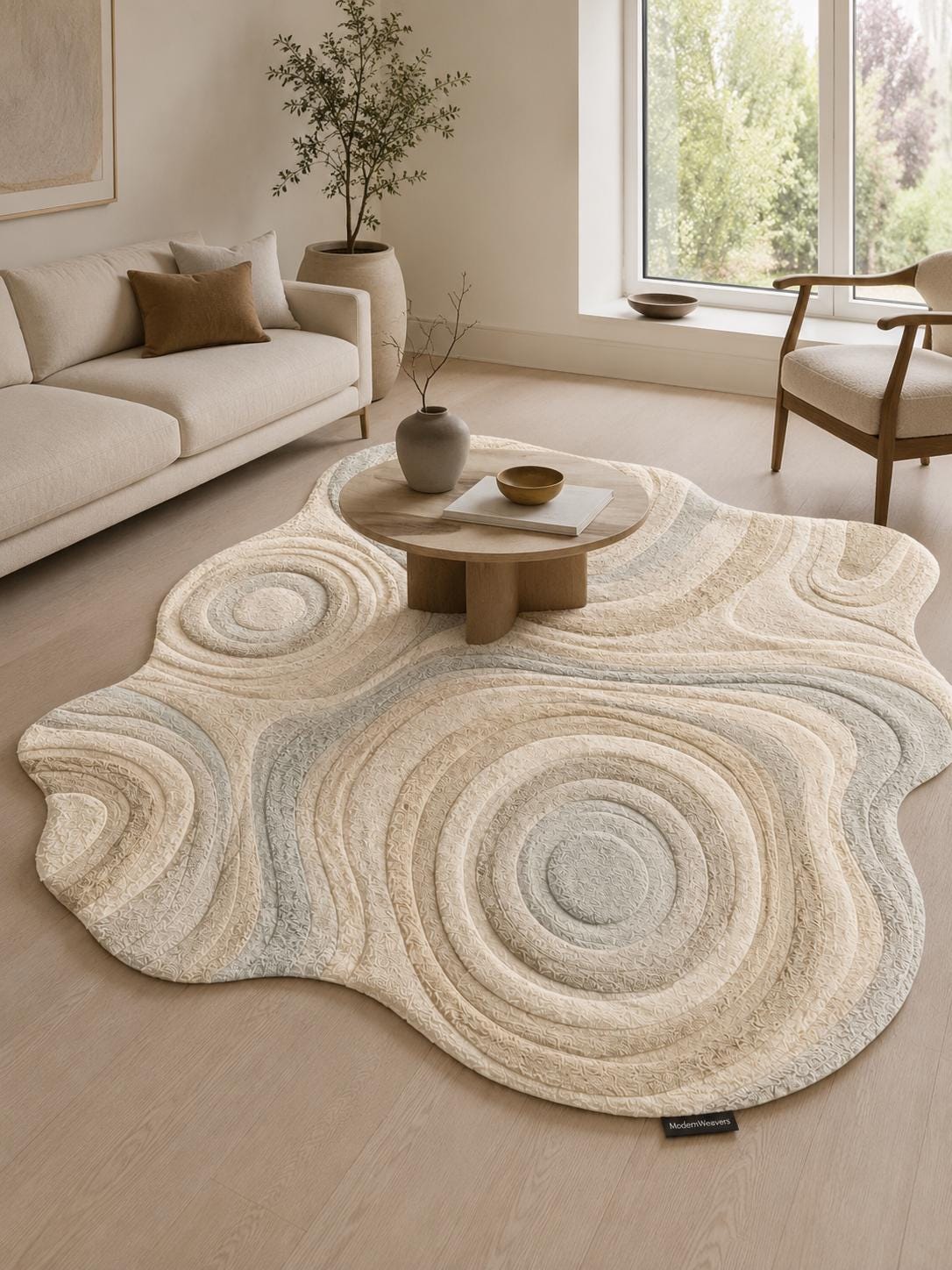 Organic Shape Hand Tufted Rug | Zen Ripples Topographic Design | Neutral Minimalist Carved Carpet | Soft Earth Tone Abstract Area Rug