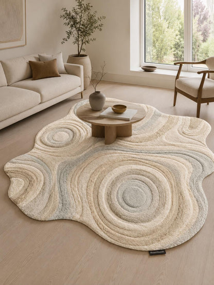 Organic Shape Hand Tufted Rug | Zen Ripples Topographic Design | Neutral Minimalist Carved Carpet | Soft Earth Tone Abstract Area Rug