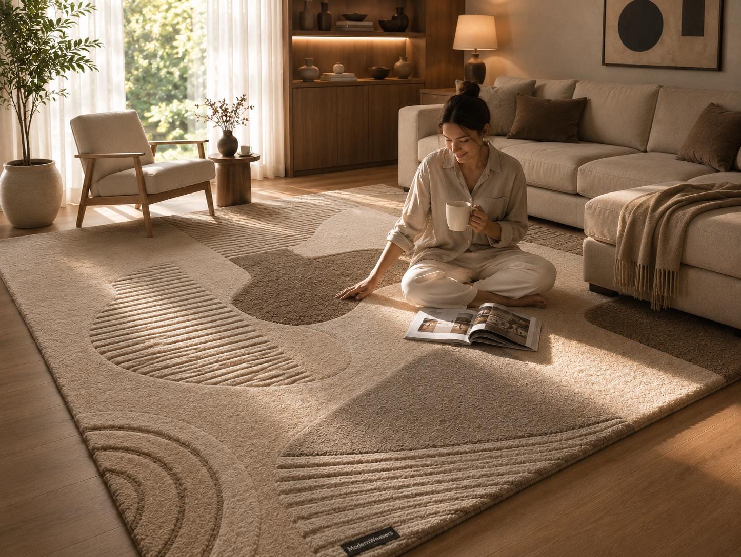 Luxury Modern Abstract Hand-Tufted Wool Rug | Neutral Beige & Taupe Area Rug for Living Room