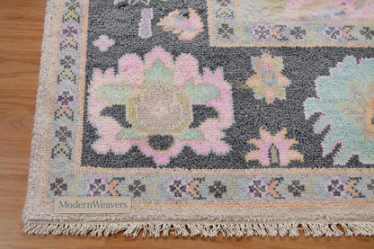 Hand-Knotted Pastel Floral Area Rug | Transitional Oushak Style Carpet | Ivory, Slate Grey, Pink & Blue Wool Rug for Living Room