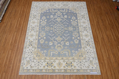 Hand-Knotted Wool Rug | Slate Blue Ivory Oushak Style Area Carpet (9x12)