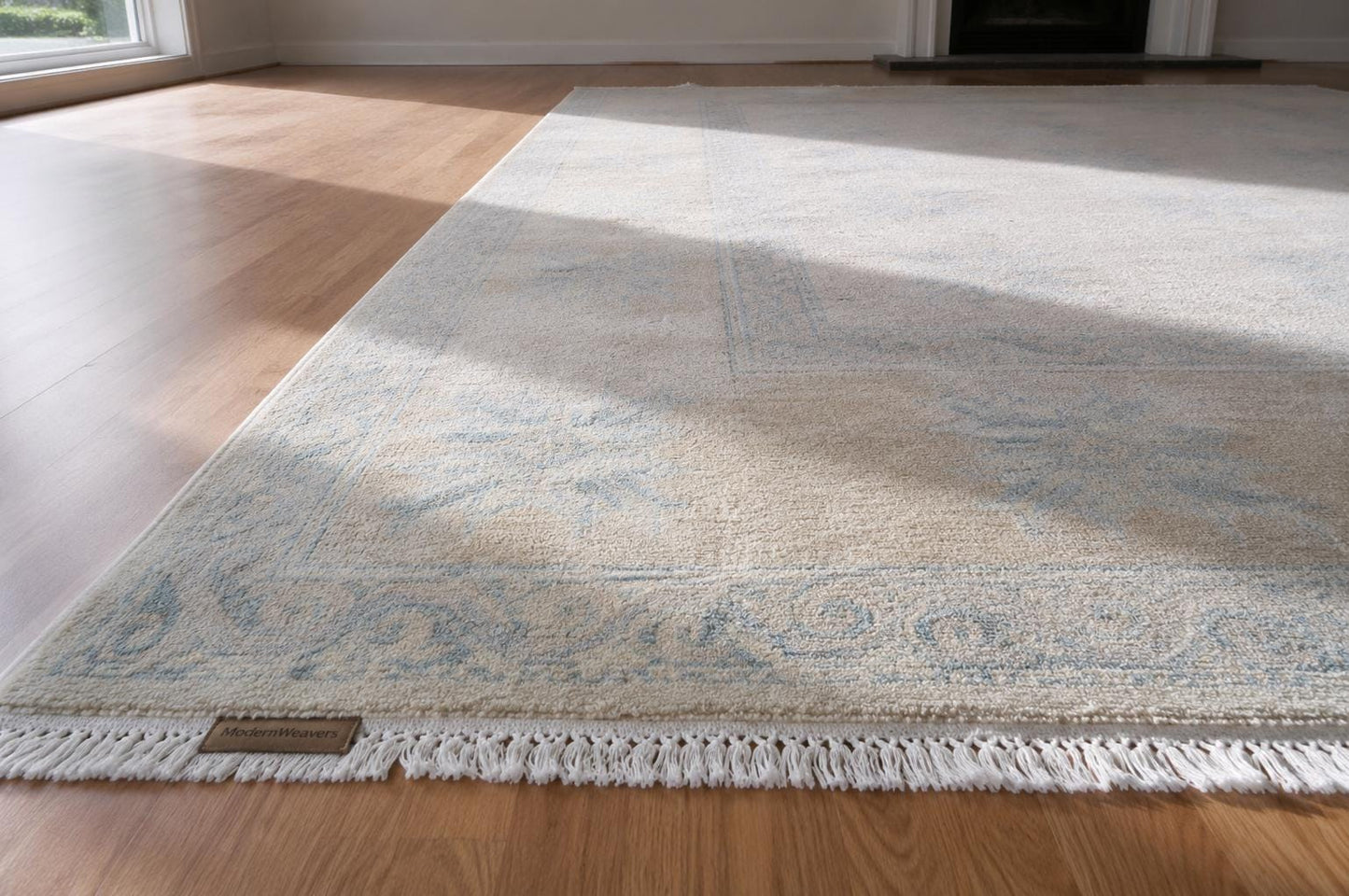 8x10 Hand-Knotted Transitional Area Rug | Ivory & Soft Blue Geometric Floral Motif