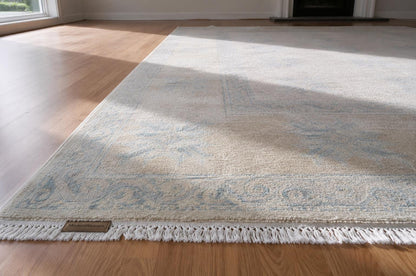 8x10 Hand-Knotted Transitional Area Rug | Ivory & Soft Blue Geometric Floral Motif