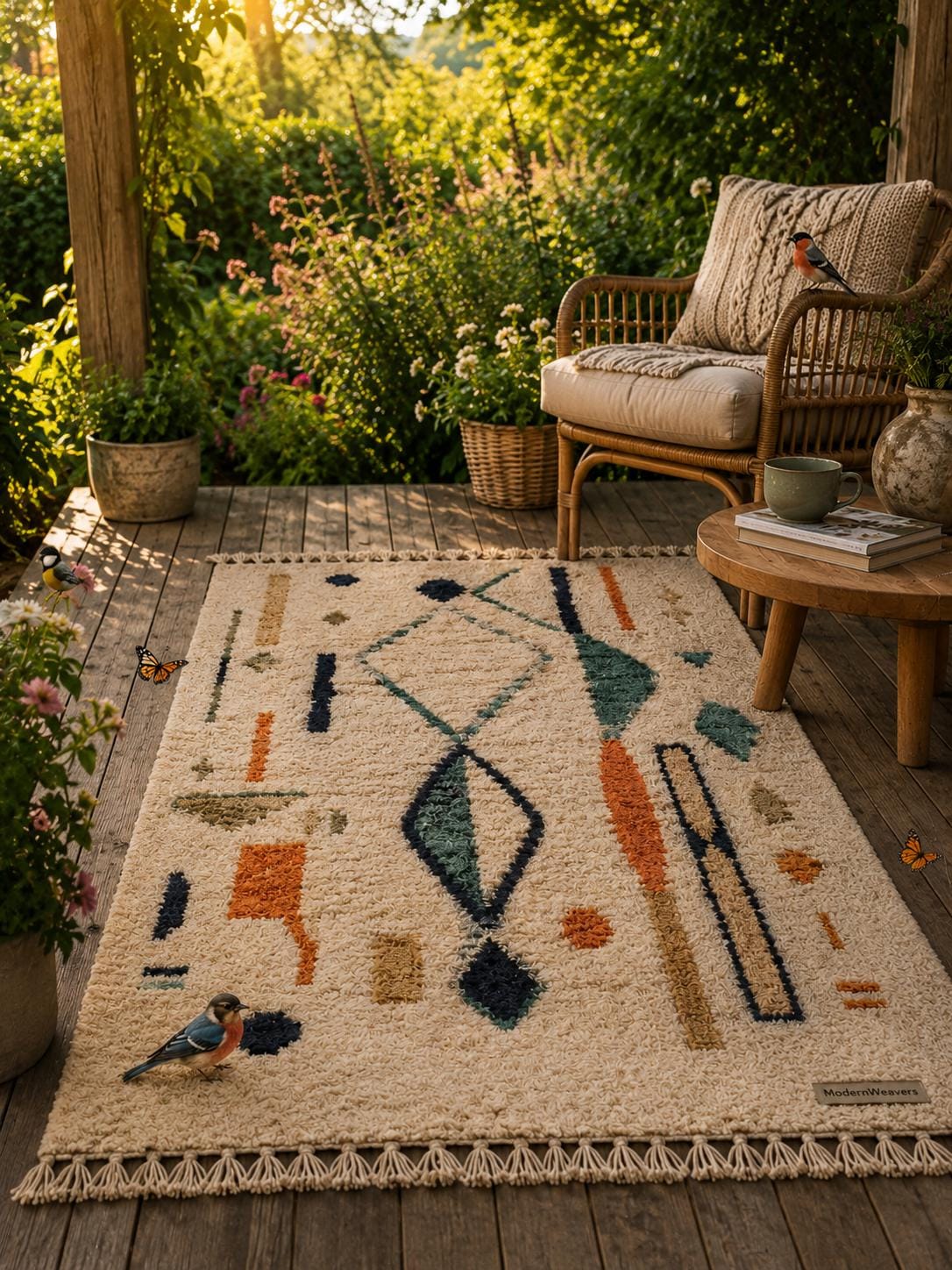 Abstract Geometric Moroccan Rug | Hand-Knotted Wool Shag Carpet | Bohemian Tribal Home Decor