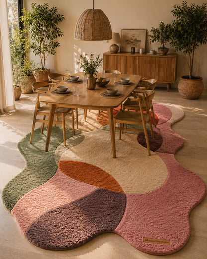 Abstract Organic Shape Tufted Rug | Wavy Edge Boho Carpet, Muted Earth Tones