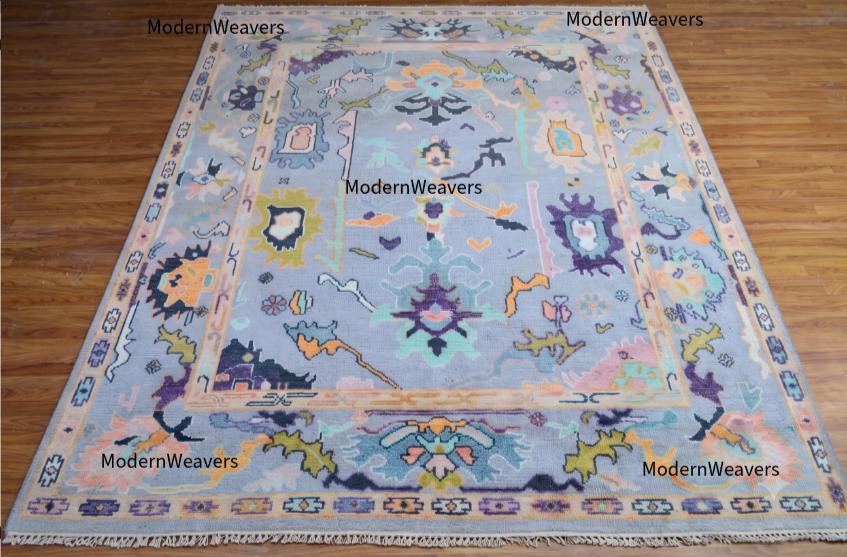 Hand-Knotted Oushak Rug 8x10, Pastel Lavender Blue Turkish Wool Carpet