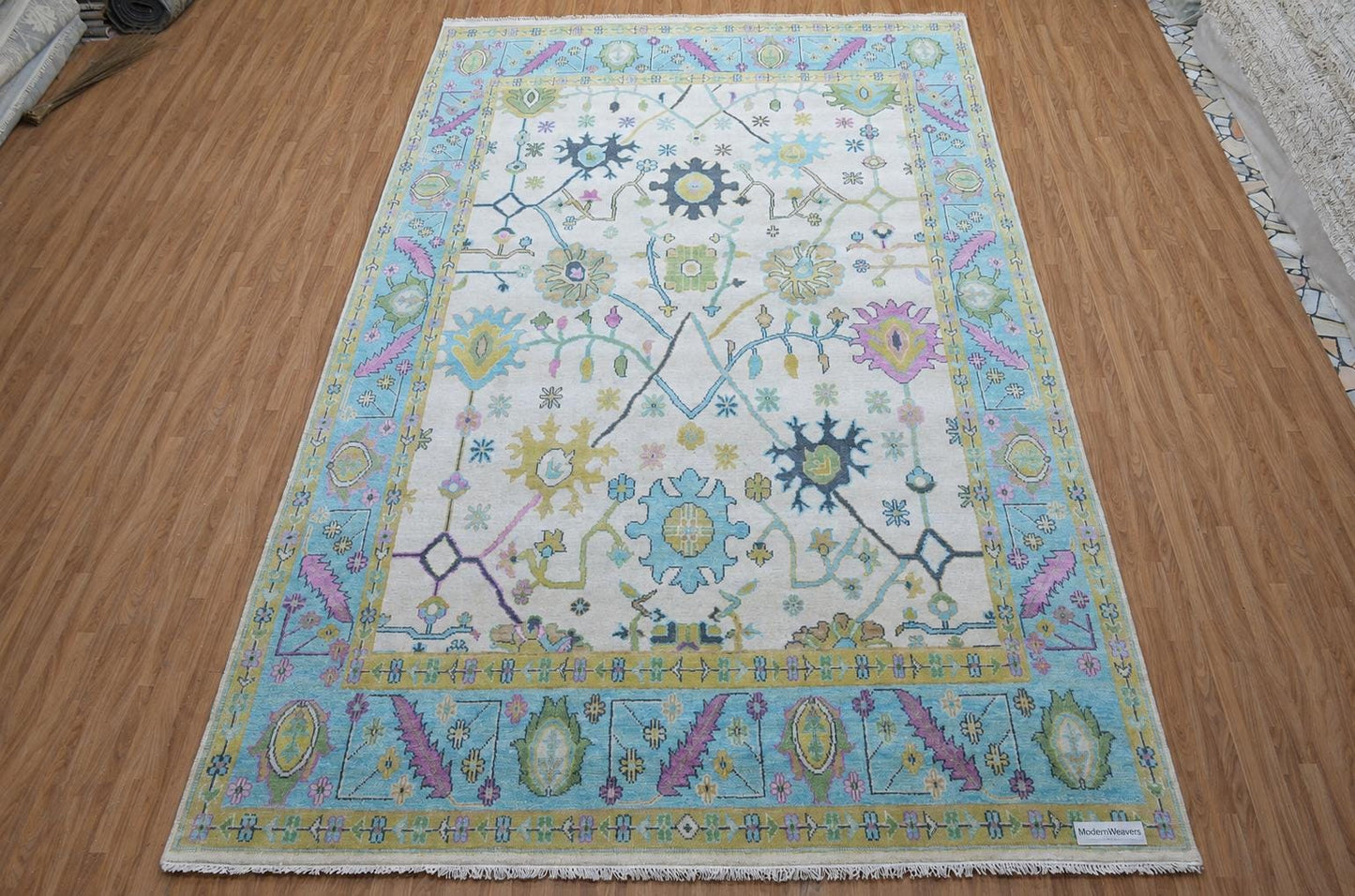Hand-Knotted Oushak Rug | Pastel Floral Wool Area Rug | Cream, Light Blue, and Pink Transitional Rug | Large Living Room Rug