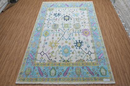 Hand-Knotted Oushak Rug | Pastel Floral Wool Area Rug | Cream, Light Blue, and Pink Transitional Rug | Large Living Room Rug