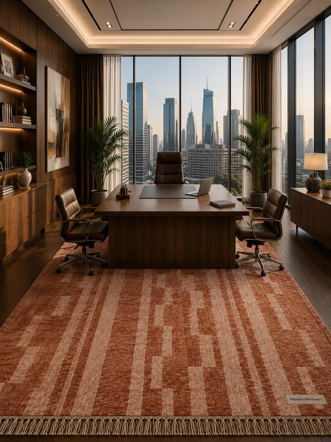 Terracotta Abstract Geometric Wool Rug | Rust Beige Boho Shag Carpet