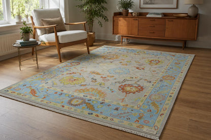 ModernWeavers Hand-Knotted Wool Rug | Cream & Light Blue Floral Oushak Area Rug | Transitional Botanical Pattern | Luxury Artisan Carpet