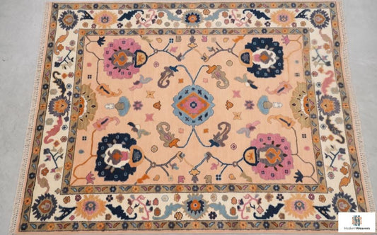 Stunning Hand-Knotted Peach Oushak Rug | ModernWeavers Floral Medallion Rug | Premium Wool Turkish Style Carpet for Living Room or Bedroom