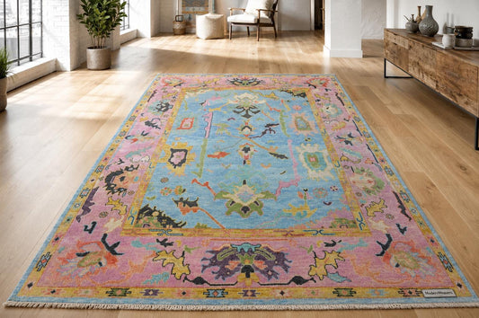 Boho-Chic Hand-Knotted Wool Rug, Pink & Blue Floral Pattern – ModernWeavers Statement Piece for Living Room