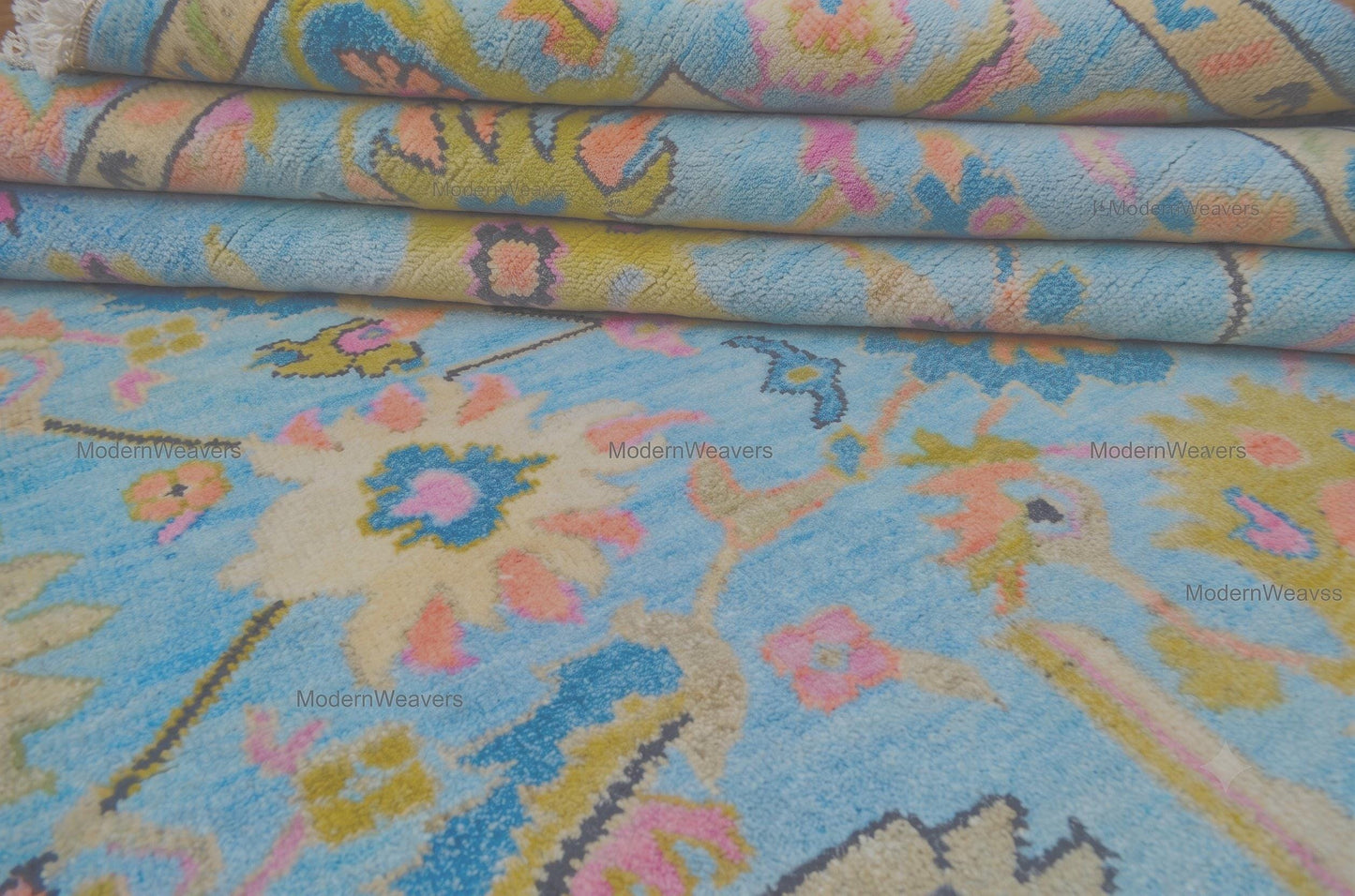 Hand-Knotted Oushak Wool Rug – 9x12 Sky Blue Floral Carpet, Indian Artisan Weave