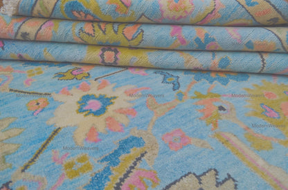 Hand-Knotted Oushak Wool Rug – 9x12 Sky Blue Floral Carpet, Indian Artisan Weave