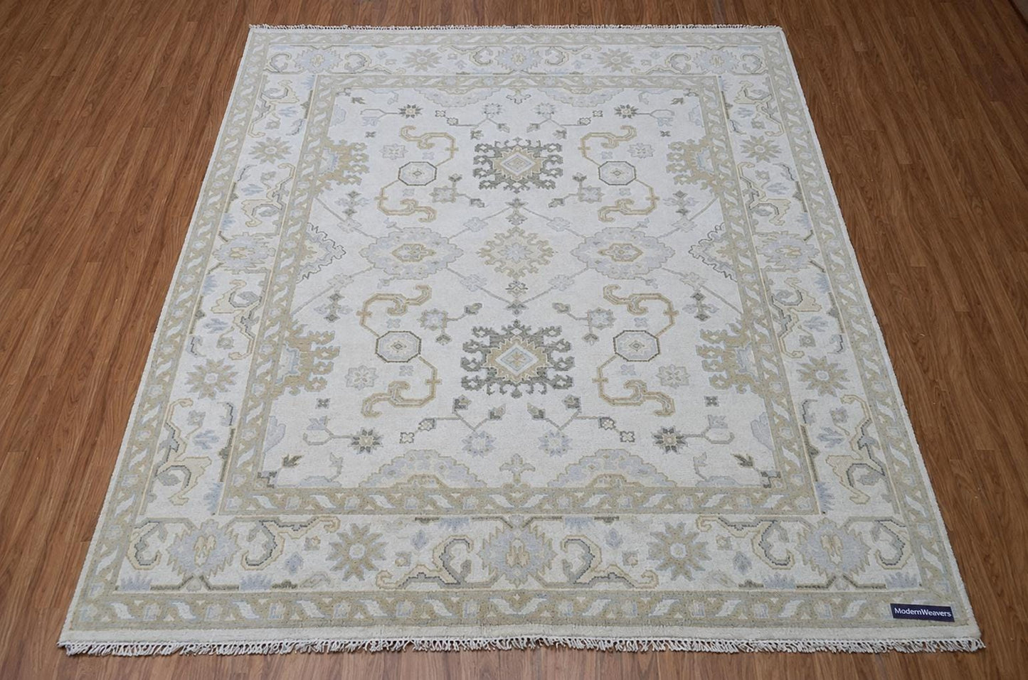 Hand-Knotted Oushak Style Rug | Pastel Ivory, Light Blue, Beige Floral Geometric Living Room Decor