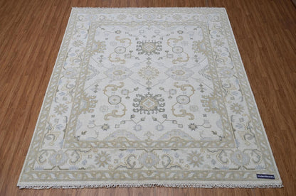 Hand-Knotted Oushak Style Rug | Pastel Ivory, Light Blue, Beige Floral Geometric Living Room Decor