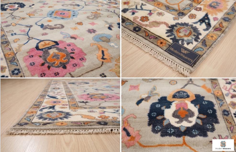 Hand-Knotted Oushak Rug | Light Grey, Pink & Navy Floral Area Rug | Modern Traditional Wool Rug for Living Room or Bedroom