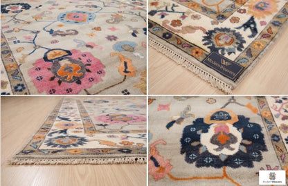 Hand-Knotted Oushak Rug | Light Grey, Pink & Navy Floral Area Rug | Modern Traditional Wool Rug for Living Room or Bedroom