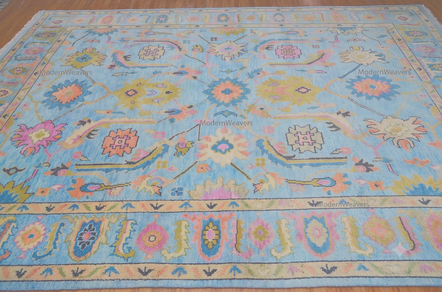 Hand-Knotted Oushak Wool Rug – 9x12 Sky Blue Floral Carpet, Indian Artisan Weave