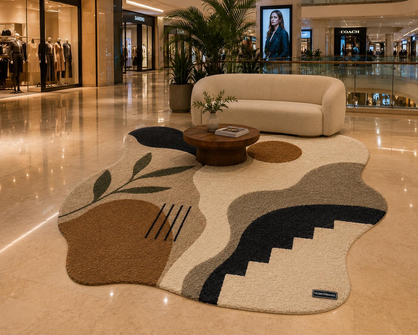 Abstract Irregular Shape Tufted Rug | Wabi Sabi Organic Edge Carpet | Neutral Earth Tone Floor Art | Boho Geometric Sun & Botanical Decor