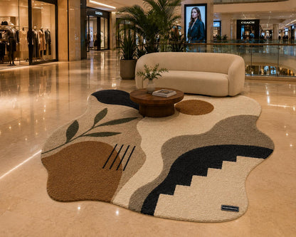 Abstract Irregular Shape Tufted Rug | Wabi Sabi Organic Edge Carpet | Neutral Earth Tone Floor Art | Boho Geometric Sun & Botanical Decor