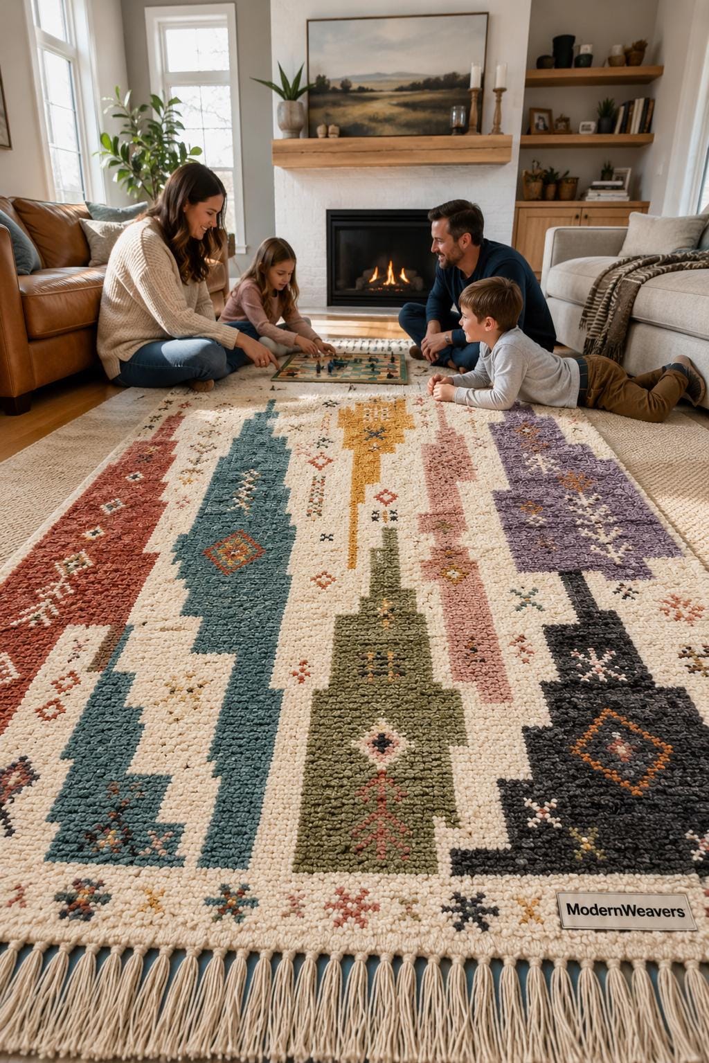 Plush Geometric Boho Rug | Handwoven Tribal Carpet, Modern Eclectic Living Room Decor