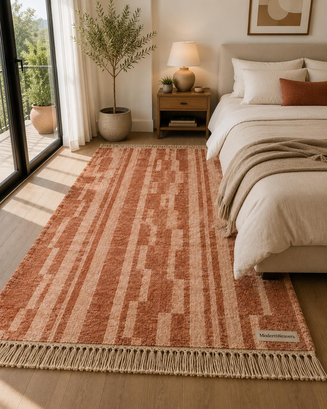Terracotta Abstract Geometric Wool Rug | Rust Beige Boho Shag Carpet