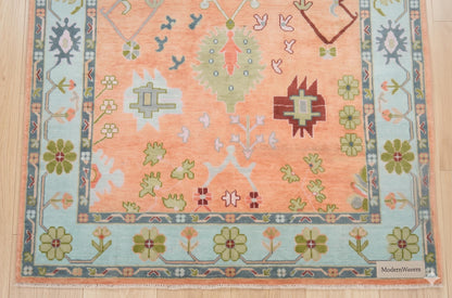 ModernWeavers Hand-Knotted Wool Area Rug | 8x10 Peach & Pastel Blue Tribal Oushak Style Carpet | Natural Wool Artisan Rug for Living Room