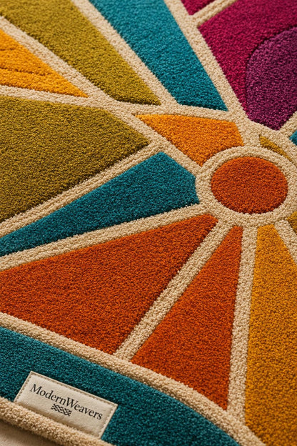 Cubist Abstract Geometric Area Rug | Hand-Tufted Stained-Glass Design | Bold Teal, Orange & Magenta Art Deco Accent Artisan Carved Carpet