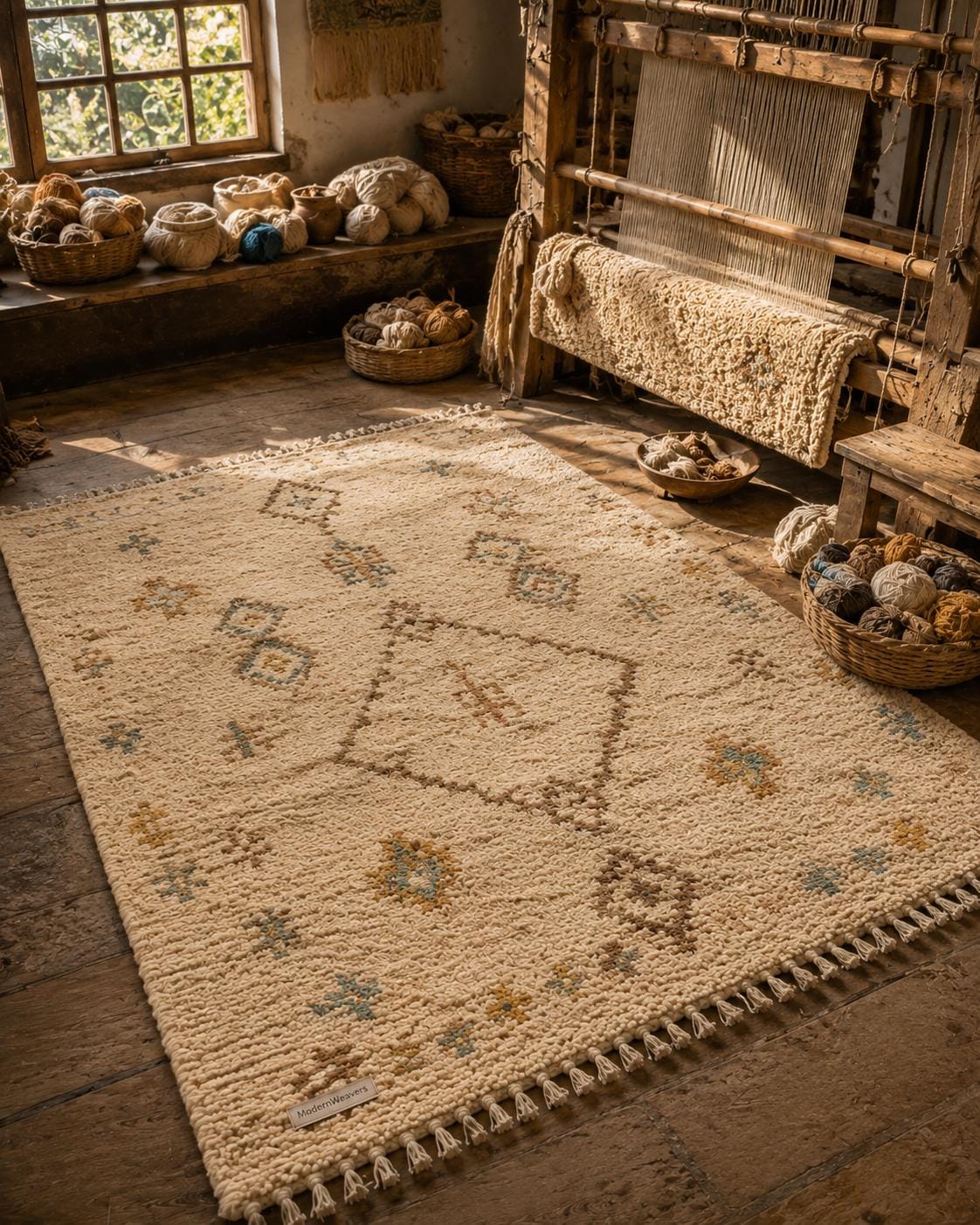 Hand-Knotted Moroccan Rug | Cream Plush Shag Area Rug, Beni Ourain Style Ivory, Blue, Brown