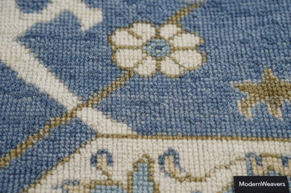 Hand-Knotted Oushak Style Wool Rug | Blue Ivory Geometric Medallion Carpet 8x10