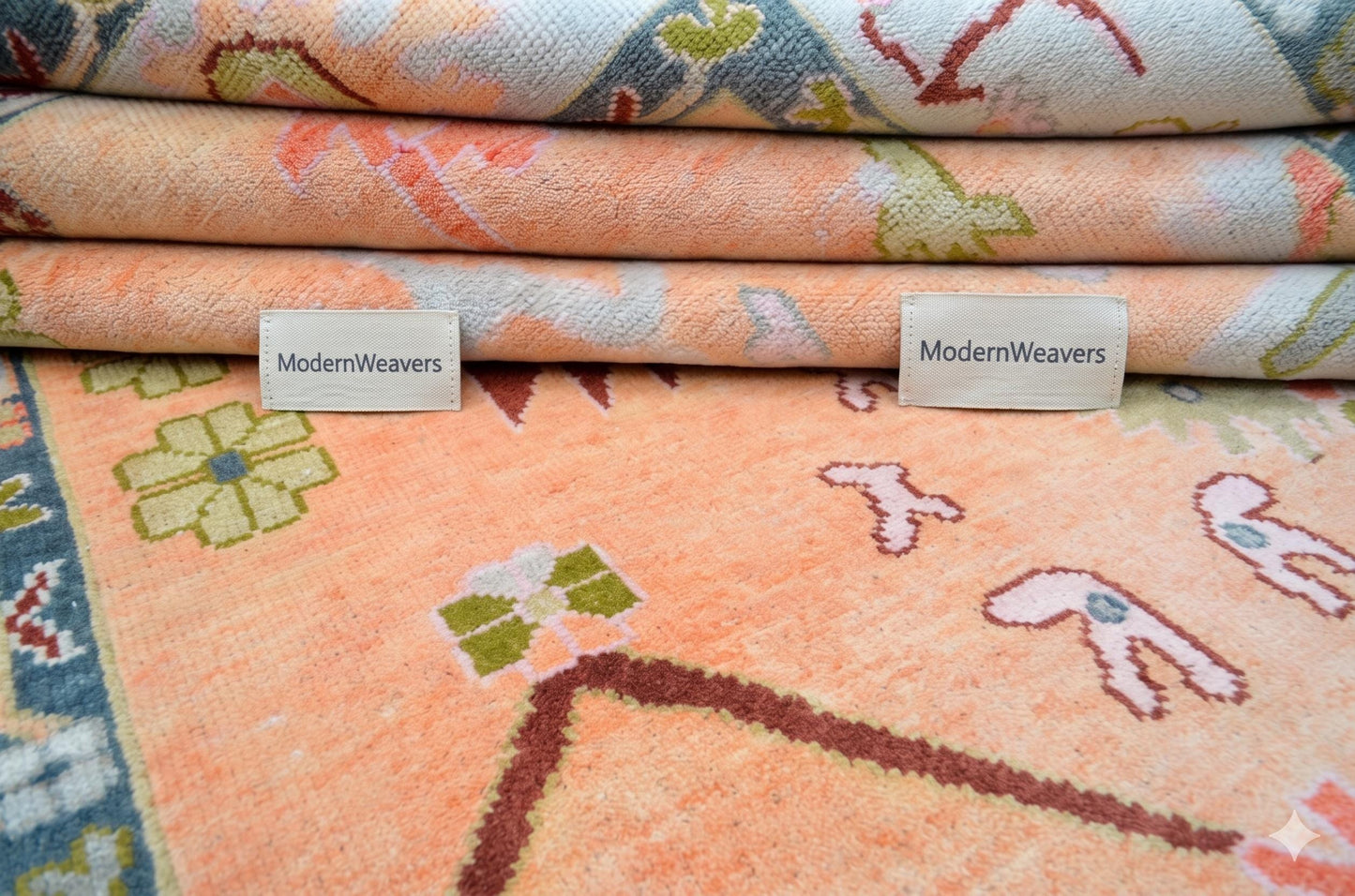 ModernWeavers Hand-Knotted Wool Area Rug | 8x10 Peach & Pastel Blue Tribal Oushak Style Carpet | Natural Wool Artisan Rug for Living Room