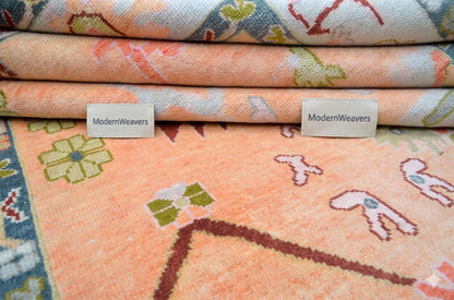 ModernWeavers Hand-Knotted Wool Area Rug | 8x10 Peach & Pastel Blue Tribal Oushak Style Carpet | Natural Wool Artisan Rug for Living Room