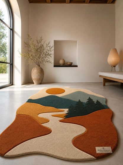 Mountain Landscape Hand Tufted Rug | Nature Inspired Boho Area Rug | Forest & River 3D Textured Carpet | Earth Tone Modern Nursery Decor