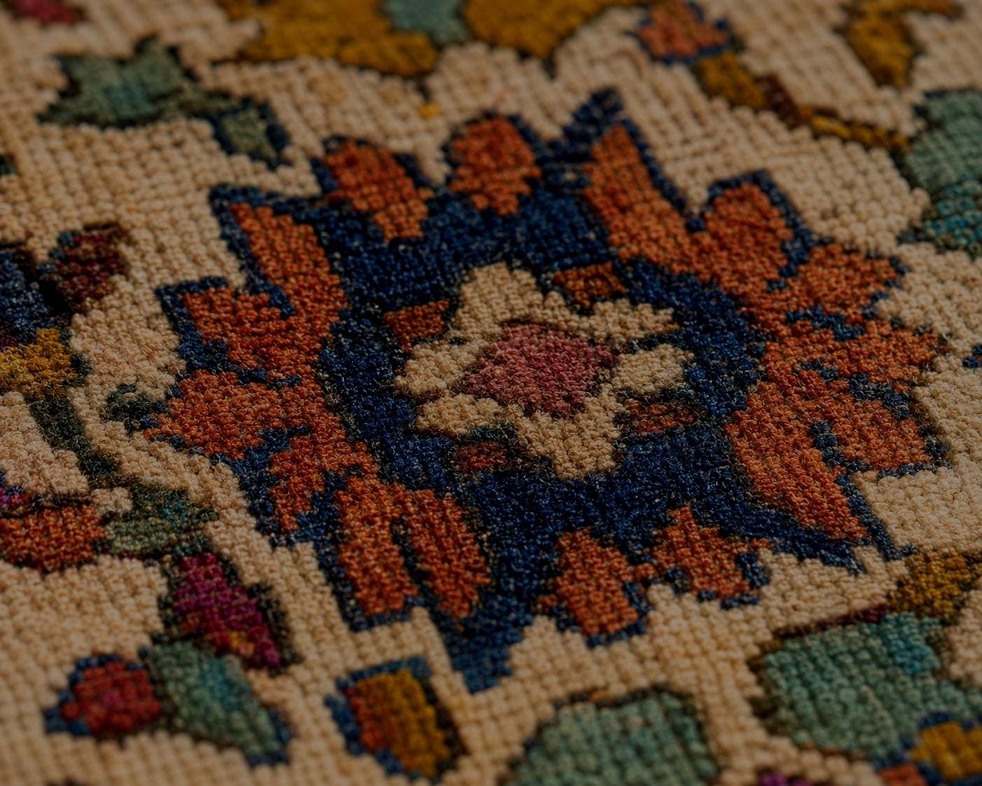 Exquisite Hand-Knotted Wool Area Rug | Cream, Blue & Rust Floral Lattice | Traditional "Modern Weavers" Carpet